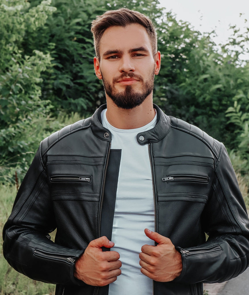 VANGUARD LUXE GEACĂ MOTO NEAGRĂ DE PIELE, piele naturală de vită de 1,3 mm grosime, moale dar rezistentă, cu cusături ranforsate, protecții certificate CE pentru coate și umeri, zona rinichilor vătuită