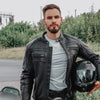 VANGUARD LUXE GEACĂ MOTO NEAGRĂ DE PIELE, piele naturală de vită de 1,3 mm grosime, moale dar rezistentă, cu cusături ranforsate, protecții certificate CE pentru coate și umeri, zona rinichilor vătuită