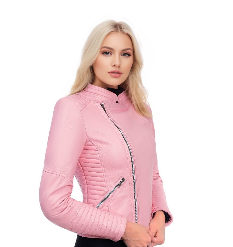 GEACĂ DE PIELE MOTO TIP ARMURĂ ROSA PENTRU FEMEI