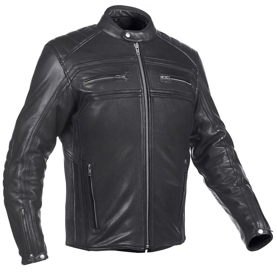 VANGUARD LUXE GEACĂ MOTO NEAGRĂ DE PIELE, piele naturală de vită de 1,3 mm grosime, moale dar rezistentă, cu cusături ranforsate, protecții certificate CE pentru coate și umeri, zona rinichilor vătuită