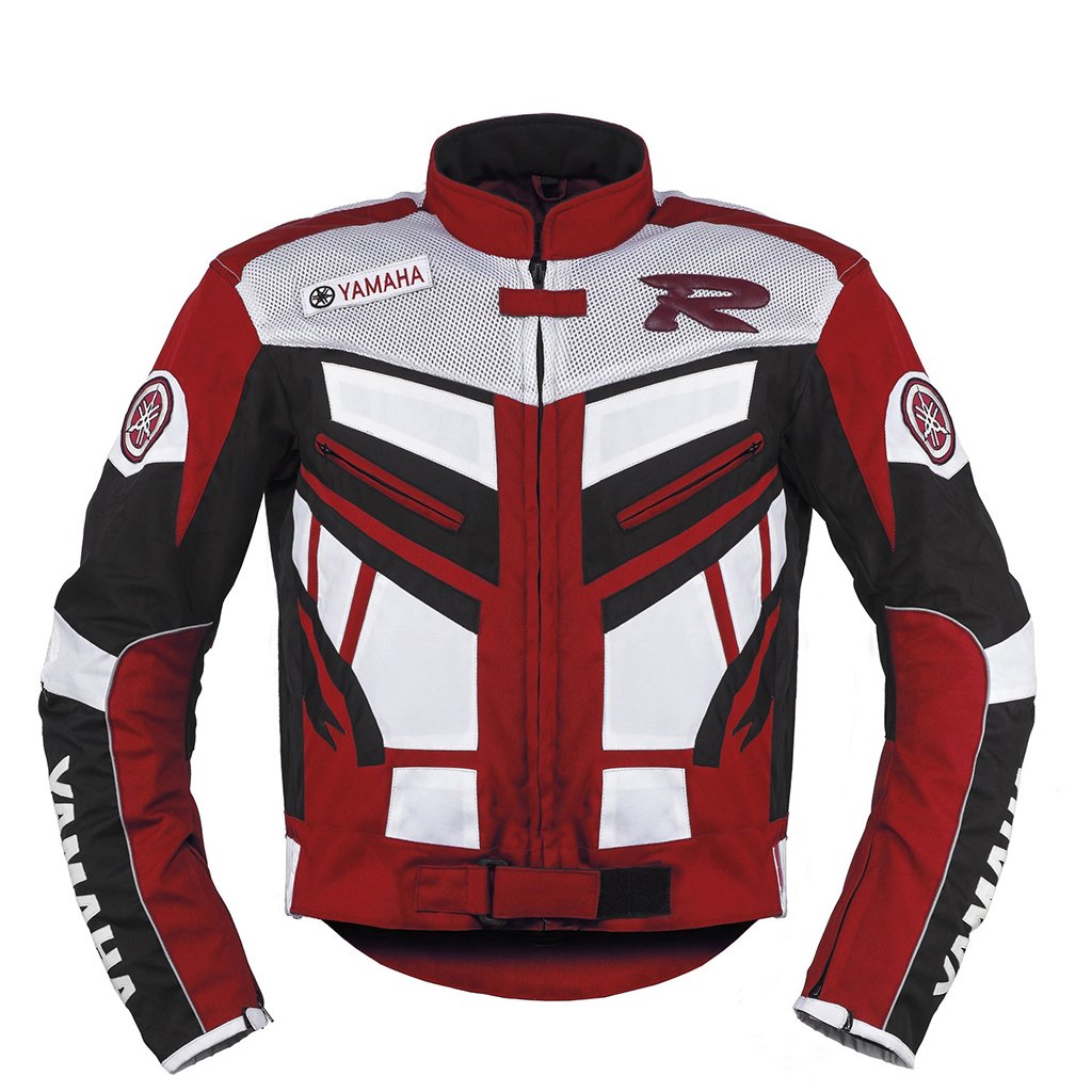 GEACĂ MOTO TEXTILĂ DE CURSE YAMAHA ROȘIE, shell exterior de poliester 500D cu panouri plasă pentru răcire cu aer, două buzunare exterioare și trei interioare (telefon mobil și stocare), protecții detașabile certificate CE la umeri, coate și spate