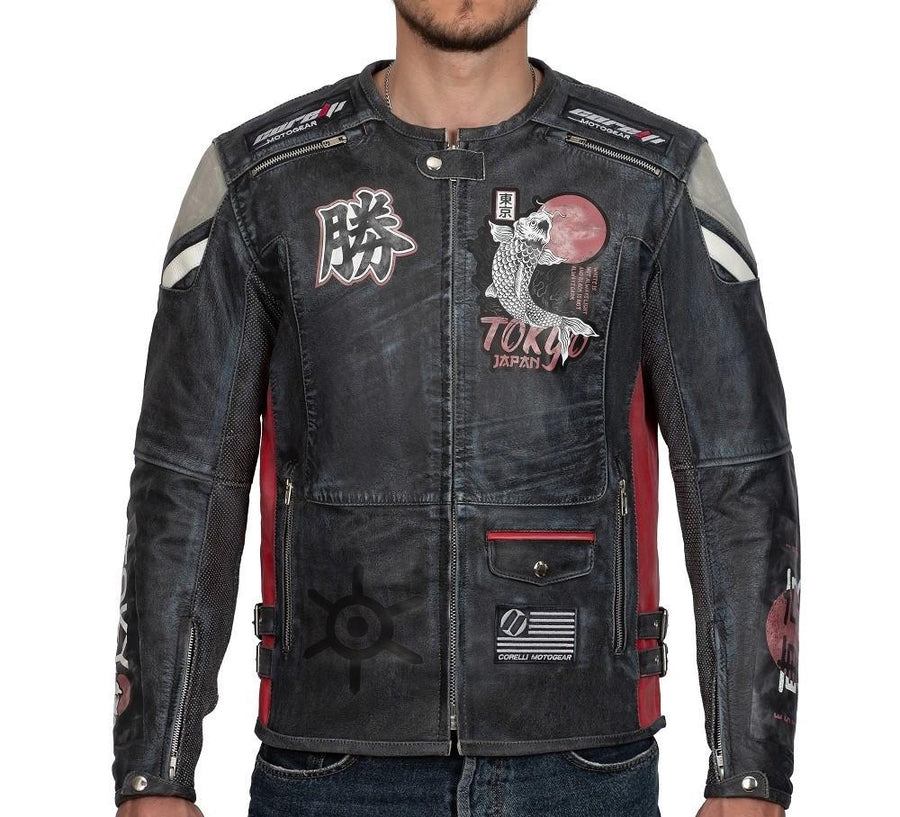 GEACĂ MOTO DE PIELE TOKYO NIPPON PROTECȚIE COMPLETĂ, ÎN STIL VINTAGE , protecții detașabile certificate CE la umeri, coate și spate, piele bovină de 1,2 mm, de calitate premium