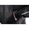 GEACĂ MOTO NEAGRĂ DE PIELE TRANSPORTER, piele naturala de vacă de calitate superioară, de 1,3 mm, cu câteva panouri perforate, două buzunare, piept și spate vătuite, dublură interioară detașabilă tip vestă, matlasată, rezistentă la apă, cu 2 buzunare interioare, protecții detașabile certificate CE la spate, coate și umeri 