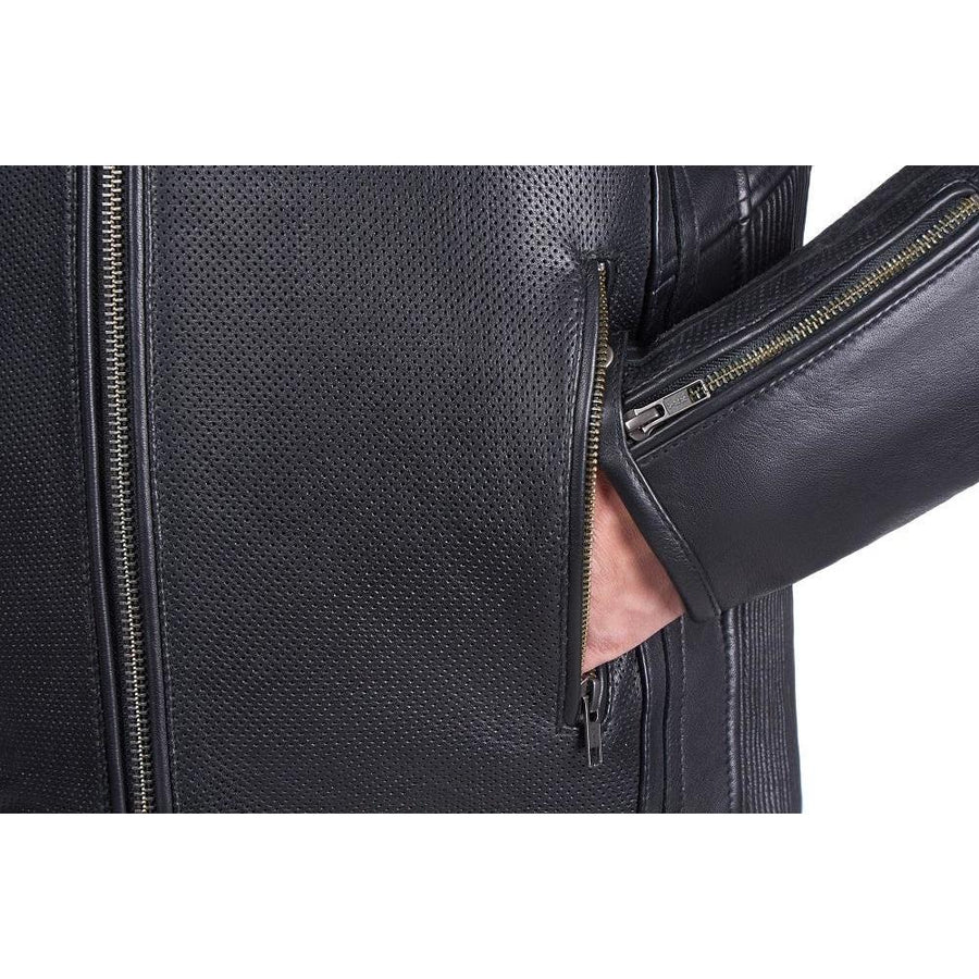 VANGUARD LUXE GEACĂ MOTO NEAGRĂ DE PIELE, piele naturală de vită de 1,3 mm grosime, moale dar rezistentă, cu cusături ranforsate, protecții certificate CE pentru coate și umeri, zona rinichilor vătuită