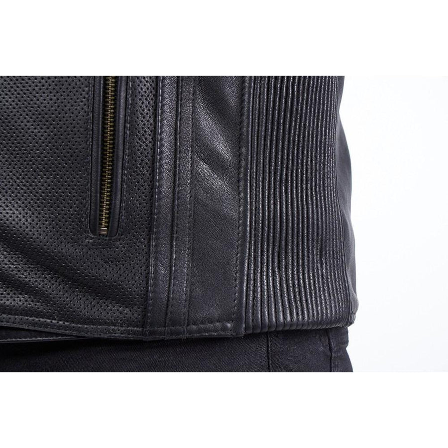 VANGUARD LUXE GEACĂ MOTO NEAGRĂ DE PIELE, piele naturală de vită de 1,3 mm grosime, moale dar rezistentă, cu cusături ranforsate, protecții certificate CE pentru coate și umeri, zona rinichilor vătuită