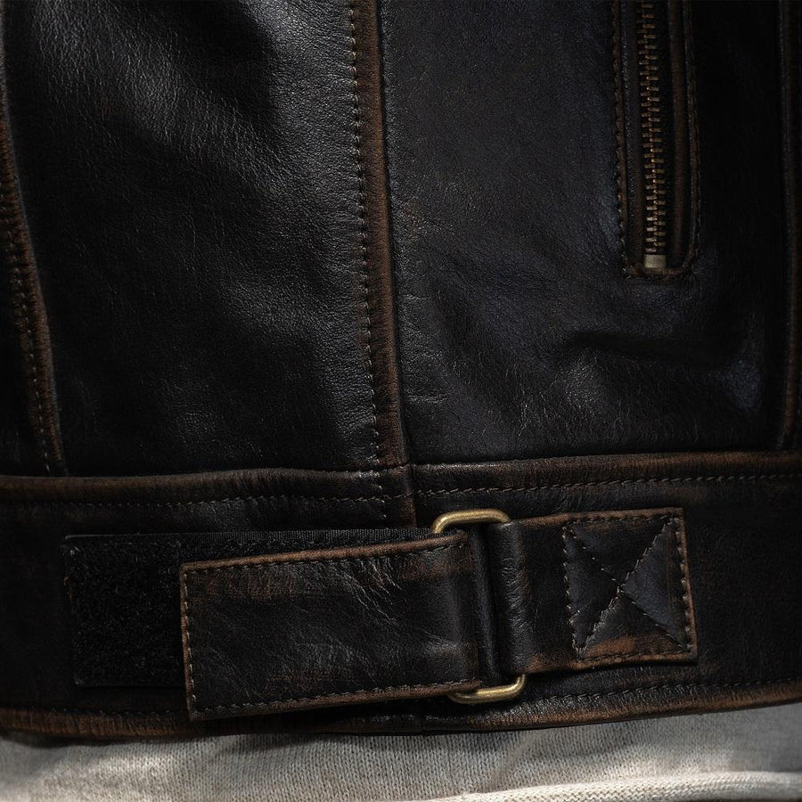 GEACĂ DE PIELE MOTO RETRO, VIVI IL MOMENTO, protecții detașabile certificate CE la umeri, coate și spate, piele naturală de vițel, moale, netedă și durabilă, în stil vintage