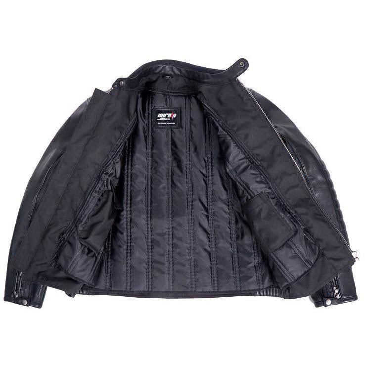 VANGUARD LUXE GEACĂ MOTO NEAGRĂ DE PIELE, piele naturală de vită de 1,3 mm grosime, moale dar rezistentă, cu cusături ranforsate, protecții certificate CE pentru coate și umeri, zona rinichilor vătuită