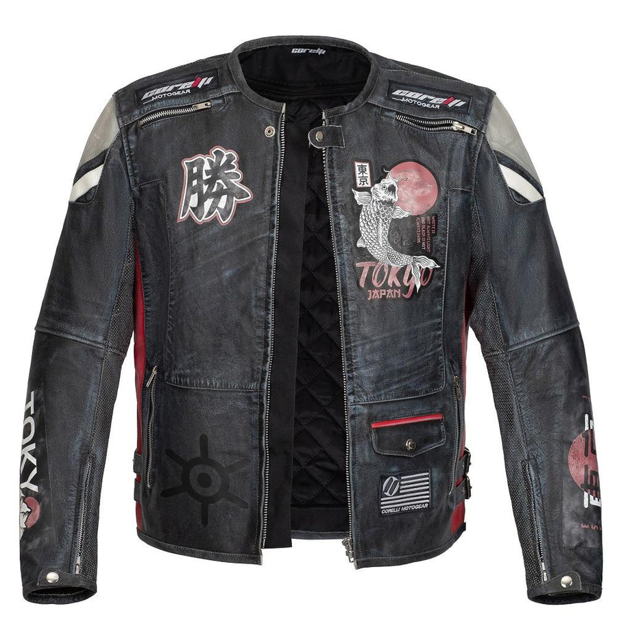 GEACĂ MOTO DE PIELE TOKYO NIPPON PROTECȚIE COMPLETĂ, ÎN STIL VINTAGE , protecții detașabile certificate CE la umeri, coate și spate, piele bovină de 1,2 mm, de calitate premium