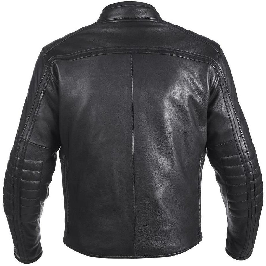 VANGUARD LUXE GEACĂ MOTO NEAGRĂ DE PIELE, piele naturală de vită de 1,3 mm grosime, moale dar rezistentă, cu cusături ranforsate, protecții certificate CE pentru coate și umeri, zona rinichilor vătuită