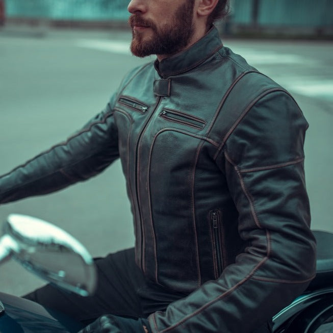 GEACĂ DE PIELE DE MOTOR ADVENTURE RETRO , protecții detașabile certificate CE la coate, umeri și spate