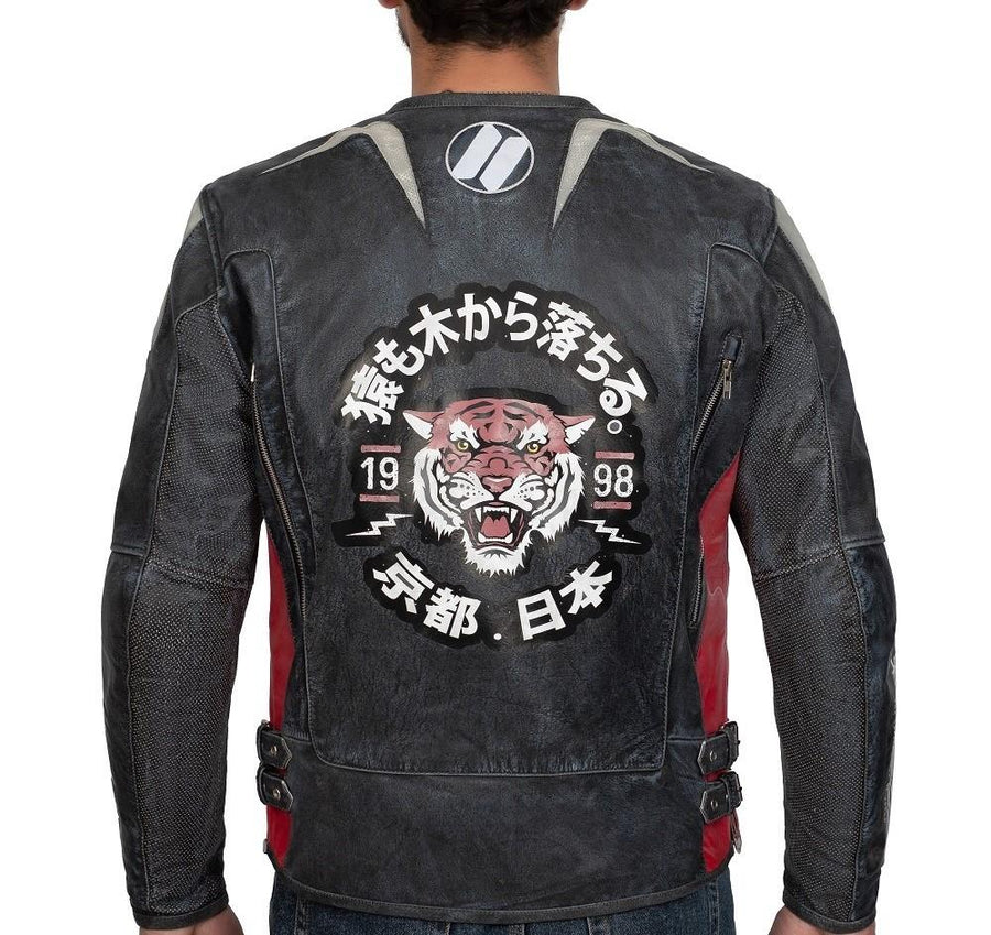 GEACĂ MOTO DE PIELE TOKYO NIPPON PROTECȚIE COMPLETĂ, ÎN STIL VINTAGE , protecții detașabile certificate CE la umeri, coate și spate, piele bovină de 1,2 mm, de calitate premium