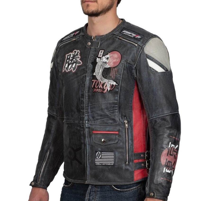 GEACĂ MOTO DE PIELE TOKYO NIPPON PROTECȚIE COMPLETĂ, ÎN STIL VINTAGE , protecții detașabile certificate CE la umeri, coate și spate, piele bovină de 1,2 mm, de calitate premium