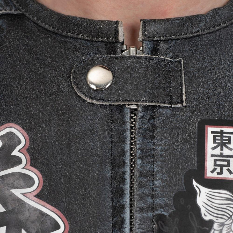 GEACĂ MOTO DE PIELE TOKYO NIPPON PROTECȚIE COMPLETĂ, ÎN STIL VINTAGE , protecții detașabile certificate CE la umeri, coate și spate, piele bovină de 1,2 mm, de calitate premium