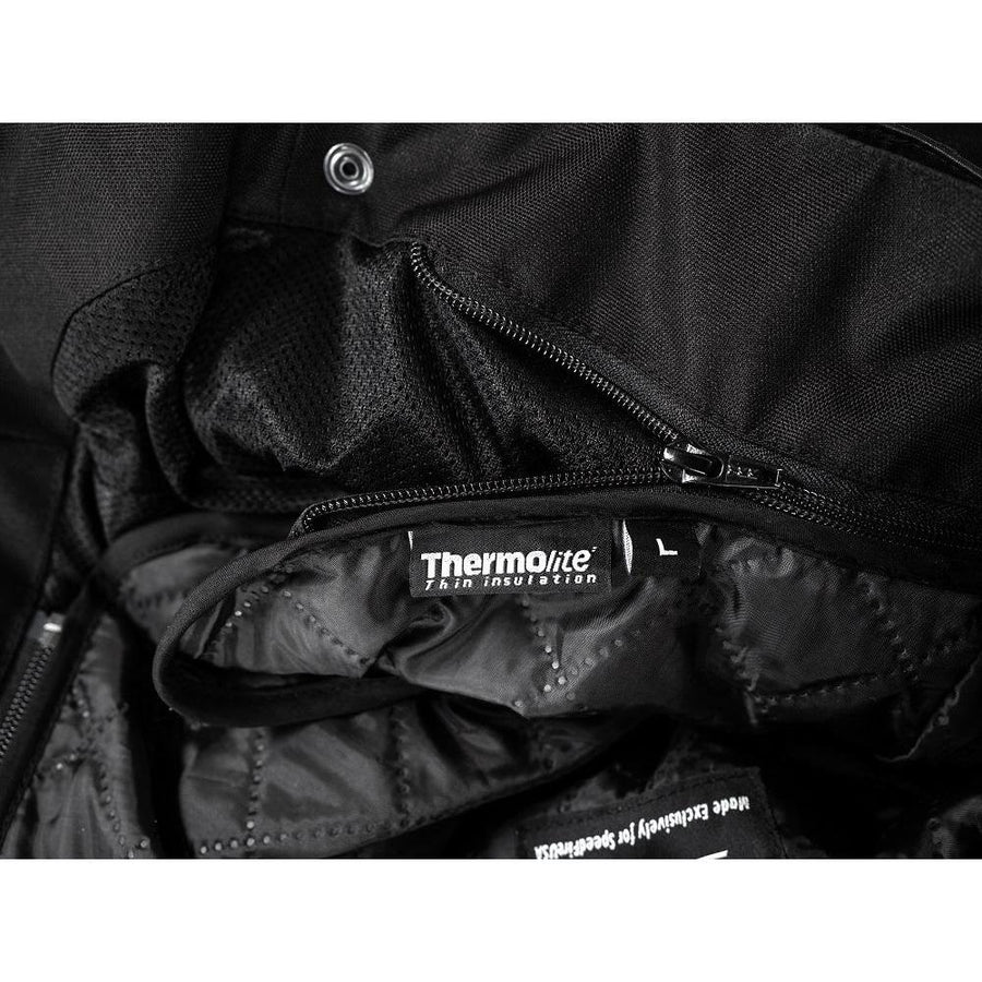 PANTALONI MOTO TEXTILI NEGRI STORM, shell exterior: material poliester 600D foarte durabil și rezistent la abraziune și nailon Cordura 1000D, protecții CE detașabile la genunchi