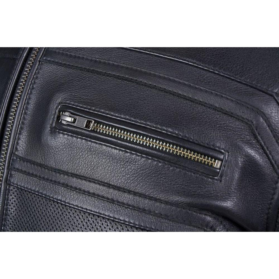VANGUARD LUXE GEACĂ MOTO NEAGRĂ DE PIELE, piele naturală de vită de 1,3 mm grosime, moale dar rezistentă, cu cusături ranforsate, protecții certificate CE pentru coate și umeri, zona rinichilor vătuită