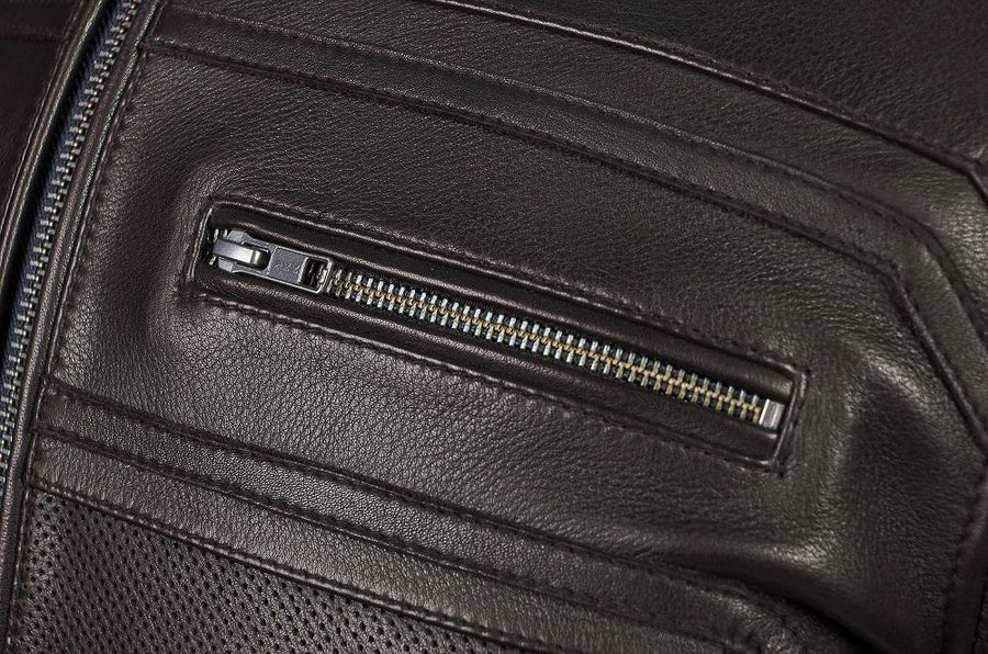 VANGUARD LUXE GEACĂ MOTO DE PIELE MARO CAFENIU, protecții certificate CE pentru coate și umeri, zona rinichilor vătuită, piele naturală de vită de 1,3 mm grosime, moale dar rezistentă, cu cusături ranforsate