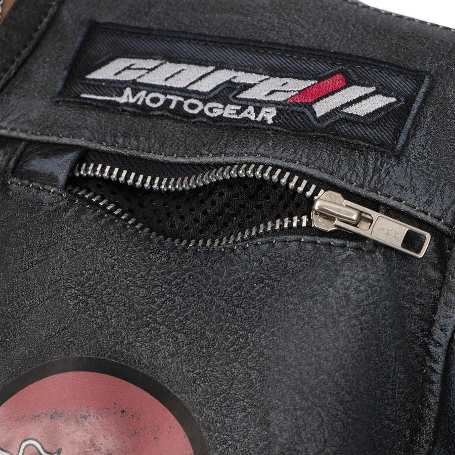 GEACĂ MOTO DE PIELE TOKYO NIPPON PROTECȚIE COMPLETĂ, ÎN STIL VINTAGE , protecții detașabile certificate CE la umeri, coate și spate, piele bovină de 1,2 mm, de calitate premium