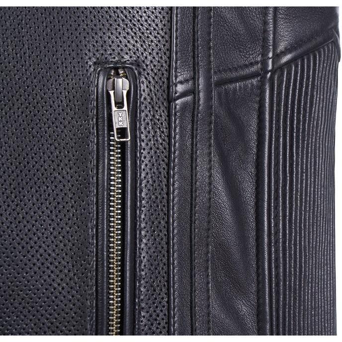 VANGUARD LUXE GEACĂ MOTO NEAGRĂ DE PIELE, piele naturală de vită de 1,3 mm grosime, moale dar rezistentă, cu cusături ranforsate, protecții certificate CE pentru coate și umeri, zona rinichilor vătuită