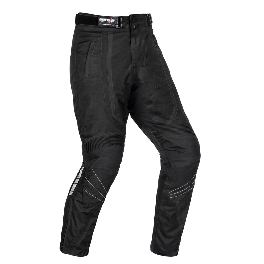 PANTALONI MOTO TEXTILI NEGRI STORM, shell exterior: material poliester 600D foarte durabil și rezistent la abraziune și nailon Cordura 1000D, protecții CE detașabile la genunchi